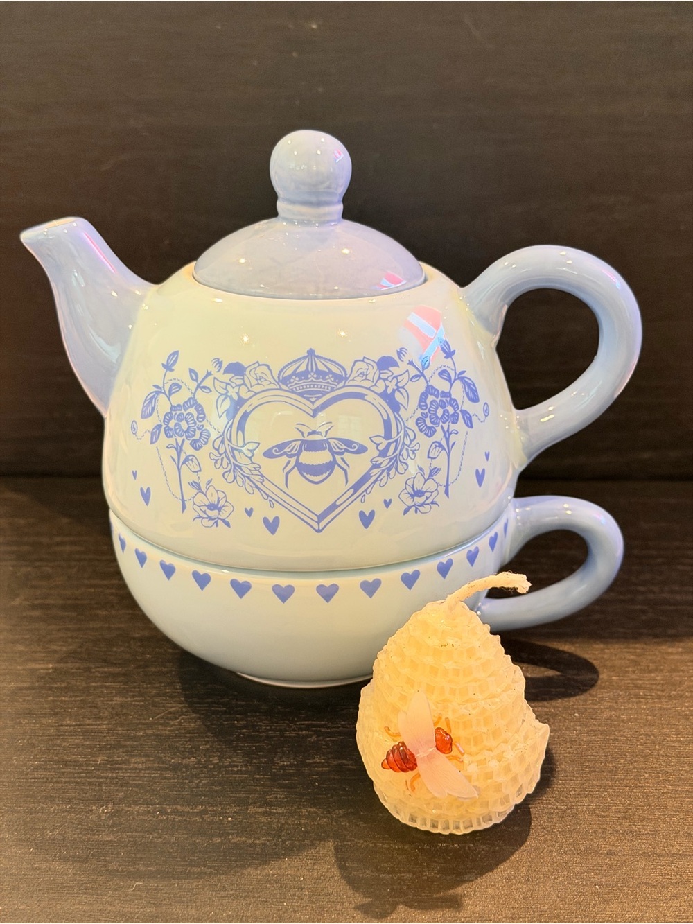 Blue Bee Heart Ceramic Teapot and Cup Set - Picture 4 of 9